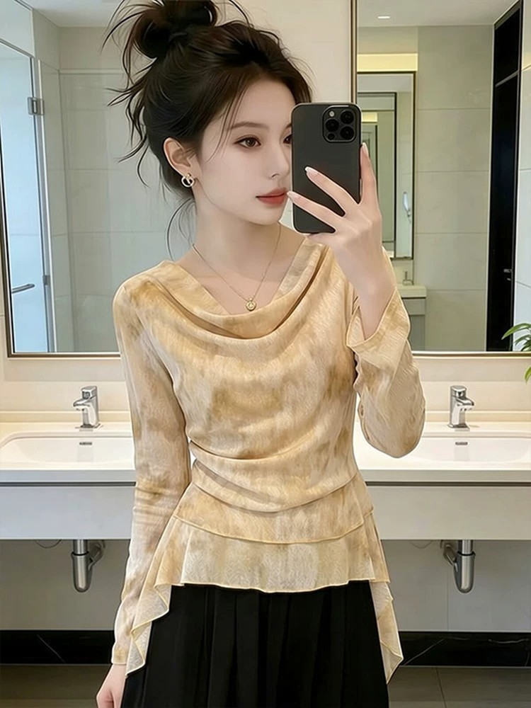 프랑스식 헤일로 염색 흔들다 칼라 긴팔 티셔츠 여성 여름 얇은 스타일 디자인 센스 고유 한 아름다운 자외선 차단 블라우스 품격 맨위