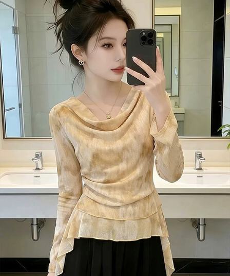 프랑스식 헤일로 염색 흔들다 칼라 긴팔 티셔츠 여성 여름 얇은 스타일 디자인 센스 고유 한 아름다운 자외선 차단 블라우스 품격 맨위