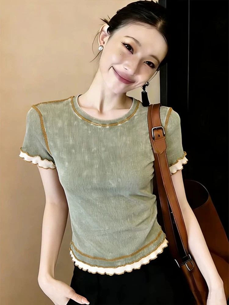 레트로 마 오래된 녹색 레이스 라운드 넥 반팔 티셔츠 여성 여름 디자인 센스 몸매 가꾸기 슬림해 보이는 긍정적 인 어깨 쇼트 스타일 맨위