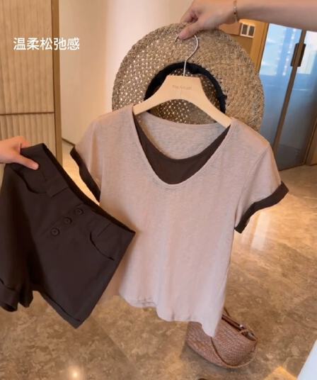 한 부서 chic Chic 핑크색 페이크 레이어드 V넥 반팔 티셔츠 여성 여름 자이언트 잘 생긴 ~ 중 작은 대중 디자인 센스 맨위