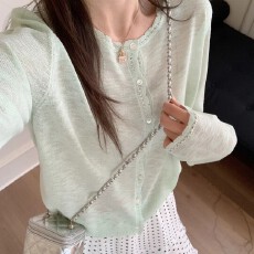批发2026春夏薄款针织花边<b class='q'>开衫</b>外套女亚麻透气舒适上衣防晒衣空调衫