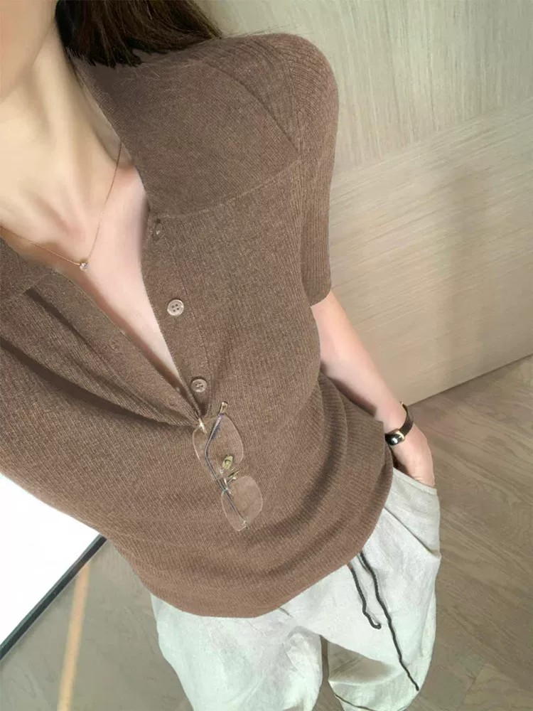 복잡한 고대 돈 바람 커피 색상 POLO 칼라 구덩이 기사 니트 스웨터 티셔츠 여성 여름 캐주얼 다용도 폴로 칼라 반팔 맨위