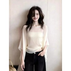 批发法式白色蝙蝠袖圆领抽绳<b class='q'>雪纺</b>衫女夏季薄款设计感外搭防晒罩衫上衣