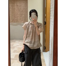 批发BRIVIN蝴蝶结系带短袖<b class='q'>衬衫</b><b class='q'>女</b>夏新设计感苎麻宽松百搭显瘦气质上衣
