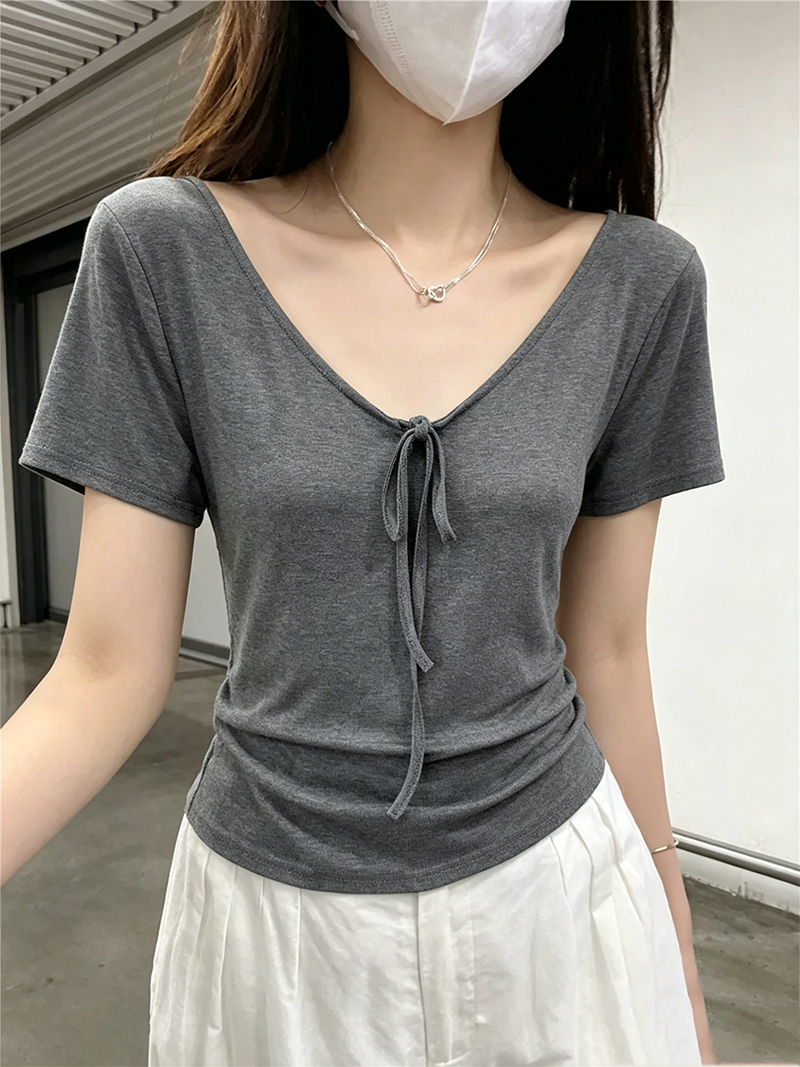 한 부서 어두운 회색 스트랩 u 칼라 대 네클라인 반팔 여성 여름 얇은 스타일 긍정적 인 어깨 몸매 가꾸기 고유 한 티셔츠