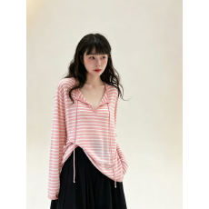 批发粉色条纹防晒<b class='q'>长袖</b>T恤女夏季宽松慵懒风外搭薄款罩衫上衣