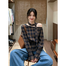 批发独特漂亮斜领<b class='q'>小衫</b>蓝色格纹衬衣女装夏季洋气高贵飘带露肩新款上衣