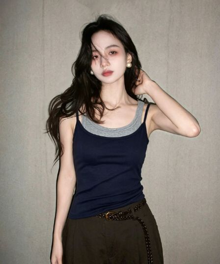 아메리칸 핫걸 배색 패치워크 페이크 레이어드 캐미솔 여름 얇은 스타일 외출용 몸매 가꾸기 민소매 쇼트 스타일 맨위