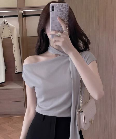2026 새로운 여름 절묘한 디자인 센스 여성 자이언트 잘 생긴 ~ 중 회색 비스듬한 어깨 리본 몸매 가꾸기 반팔 티셔츠 맨위