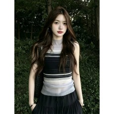 设计感条纹半高领针织小吊带背心女夏季独特漂亮外穿内搭无袖上衣
