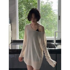 批发慵懒风杏色一字肩<b class='q'>防晒</b>长袖T恤女夏季中长款罩衫外搭薄款微透上衣