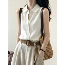 批发<b class='q'>白色</b>老钱风无袖Polo领背心衬衫女2026夏薄款简约百搭时尚通勤上衣
