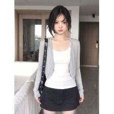 批发灰色薄款防晒<b class='q'>开衫</b>外套女夏季韩系慵懒松弛感轻薄罩衫短款披肩<b class='q'>外</b><b class='q'>搭</b>