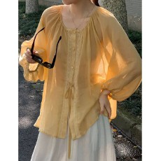 批发老钱风白色天丝亚麻衬衫外套女夏外搭薄纱<b class='q'>蕾丝</b>防晒罩衫灯笼袖上衣