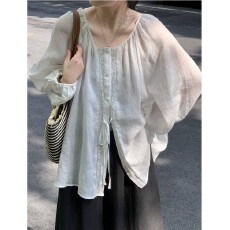 批发老钱风白色天丝亚麻衬衫外套女夏外搭薄纱<b class='q'>蕾丝</b>防晒罩衫灯笼袖上衣