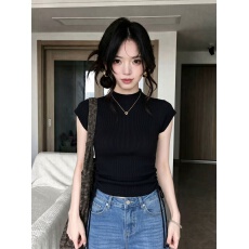 法式黑色半高领抽绳针织短袖t恤女夏季独特漂亮修身薄款冰丝上衣