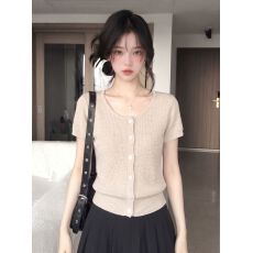 批发韩系气质针织短袖T恤女<b class='q'>夏季</b>绝美漂亮<b class='q'>开衫</b>修身显瘦正肩圆领上衣薄