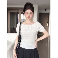 批发韩系温柔风镂空一字肩立体花短袖针织衫女春夏<b class='q'>新款</b>氛围感薄款上衣