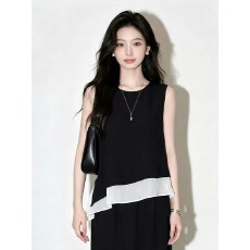 批发法式黑色无袖不规则雪纺<b class='q'>衬衫</b>女夏2026新款炸街独特漂亮设计感上衣