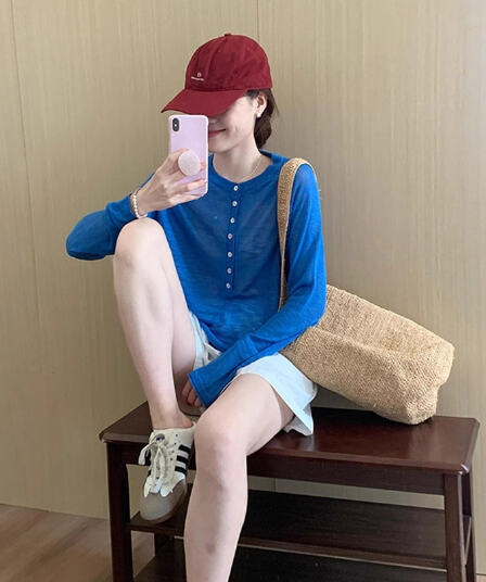 톰 글 래 원인 블루 Tulle 자외선 차단 에어컨 블라우스 여성 여름 얇은 스타일 반 개방 버클 긴팔 티셔츠 맨위 작은 키