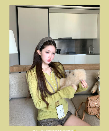 주 추 소녀 ~ 중 POLO 칼라 부드러운 찹쌀 연령 감소 니트 스웨터 여성 가을 느긋한 슬림해 보이는 긴팔 맨위