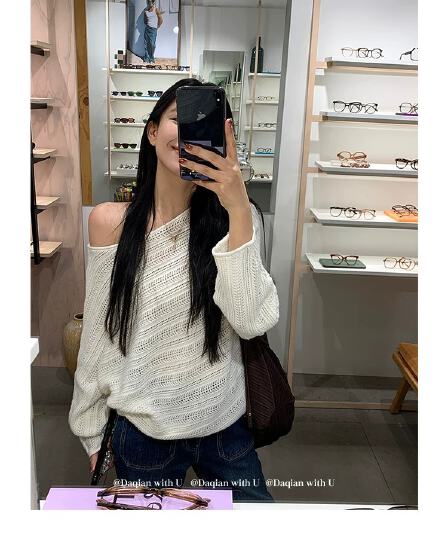 daqianwithu 화이트 소나무 이슬 양모 홀로우 아웃 짜임 느슨함 센스 슬림해 보이는 풀오버