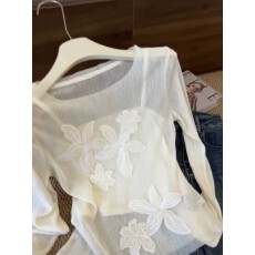 批发法式蕾丝<b class='q'>花朵</b>拼接薄款微透上衣女2026秋季新款设计感小众长袖<b class='q'>T</b><b class='q'>恤</b>