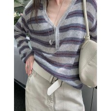 批发2026早秋新款女装灰色条纹v领长袖<b class='q'>针织衫</b>慵懒氛围感宽松<b class='q'>罩衫</b>上衣