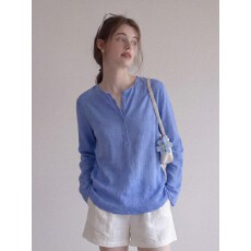 批发蓝色半开领针织防晒<b class='q'>罩衫</b>女夏季老钱风宽松休闲长袖T恤纸片人上衣