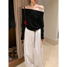 批发BRIVIN黑色超仙<b class='q'>网纱</b>天丝羊毛T恤女早夏漂亮上衣一字肩气质新款
