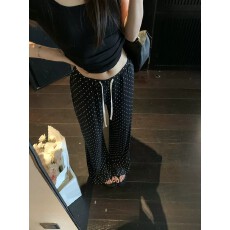 批发韩系独特漂亮波点休闲阔腿拖地裤<b class='q'>女</b>夏季垂感舒适百搭直筒遛弯<b class='q'>长裤</b>
