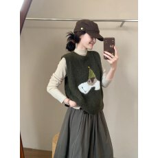 批发话里韩系可爱卡通小狗针织马甲女秋冬圆领无袖叠穿毛衣背心百搭