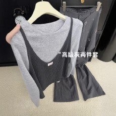 批发韩系灰色圆领长袖针织<b class='q'>打底衫</b>女秋冬季外搭叠穿<b class='q'>吊带</b>背心两件套上衣