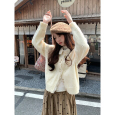批发hollyii 韩系气质娃娃领<b class='q'>镂空</b>花边拼接毛衣女针织<b class='q'>开衫</b>2026秋新款