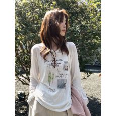 批发法式印花设计感薄款<b class='q'>长袖</b>t恤女款新款白色防晒罩衫韩系chic小上衣