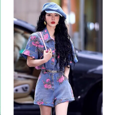 批发夏季小个子重工单排扣短袖减龄<b class='q'>碎花</b>短款高腰阔腿裤牛仔<b class='q'>连体裤</b>