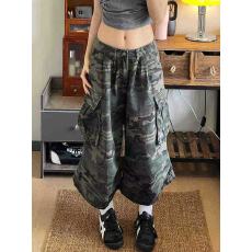 批发大码国潮原创美式复古<b class='q'>迷彩</b>工装裤男女夏新款宽松直筒阔腿七分短裤