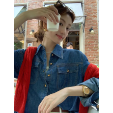 批发MUKOK复古宝藏~100%纯棉蓝色<b class='q'>衬衫</b>外套女叠穿牛仔上衣<b class='q'>衬衣</b>2025新款