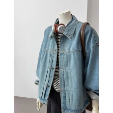 批发CHAO级推荐！美式复古穿搭~港风复古浅蓝色廓形宽松休闲牛仔外套