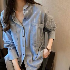 批发2025春秋新款版条纹牛仔衬衫女中长款长袖宽松衬衣<b class='q'>设计</b>感小众上衣