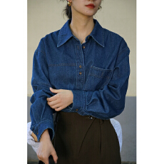 批发文艺复古经典牛仔衬衫女叠穿<b class='q'>设计</b>感长袖上衣宽松百搭衬衣外套春季