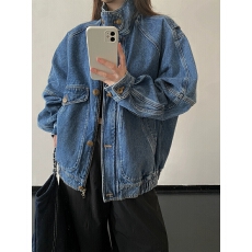 批发sun柚北欧中古感/水洗牛仔肌理翻立领撞色廓形感飞行员夹克外套女