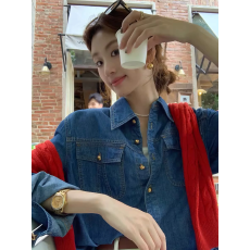批发复古宝藏~蓝色牛仔衬衫外套女2025早秋新款内搭叠穿上衣港风衬衣