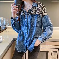 批发2025春秋新款韩版牛仔衬衫女长袖中长款上衣宽松拼接豹纹雪纺衬衣