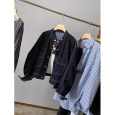 批发2025年春<b class='q'>夏</b>新款复古丹宁蓝无领落肩牛仔外套休闲短款夹克衫