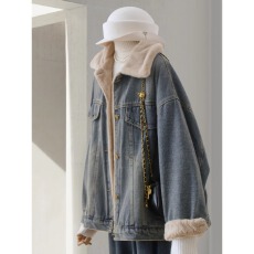 批发加绒加厚牛仔派克服女冬季新款港风慵懒气质宽松显瘦毛毛外套