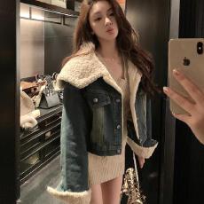 批发邱肉瑶 翻领羊羔毛加绒牛仔外套女冬季加厚短外套