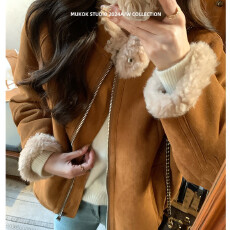 批发冬日往事~ 仿麂皮绒皮毛一体外套女美拉德复古加厚机车服