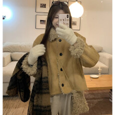 批发乌77复古麂皮绒拼卷卷毛翻领机车服女小个子短款皮毛一体夹克外套