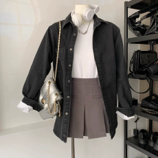 批发今年流行爆款推荐~<b class='q'>明星</b>同款 复古黑色牛仔衬衫女春季韩风休闲上衣